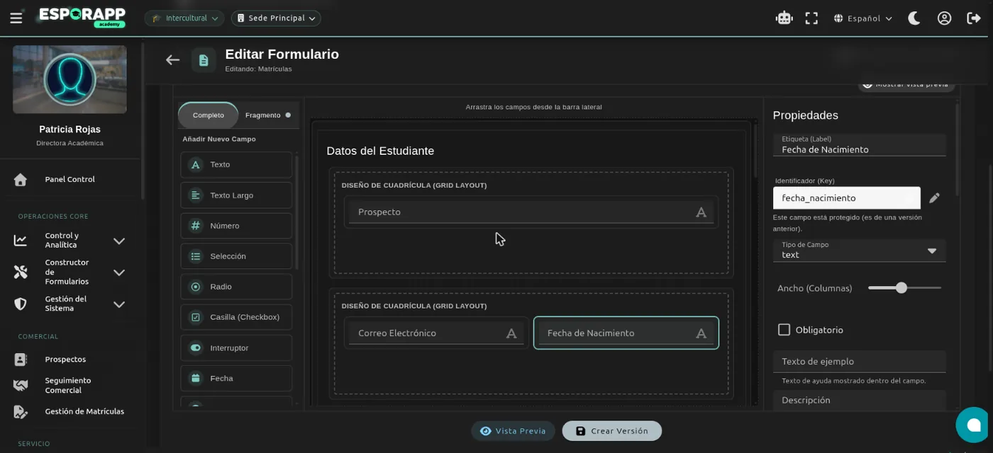 Constructor visual de formatos de Esporapp con el formato de matrículas abierto
