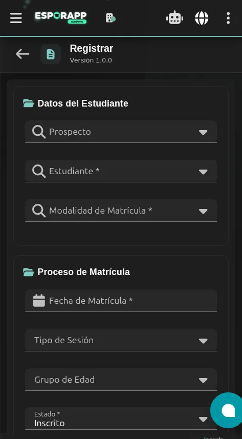Formato de matrícula diligenciándose desde un celular en Esporapp